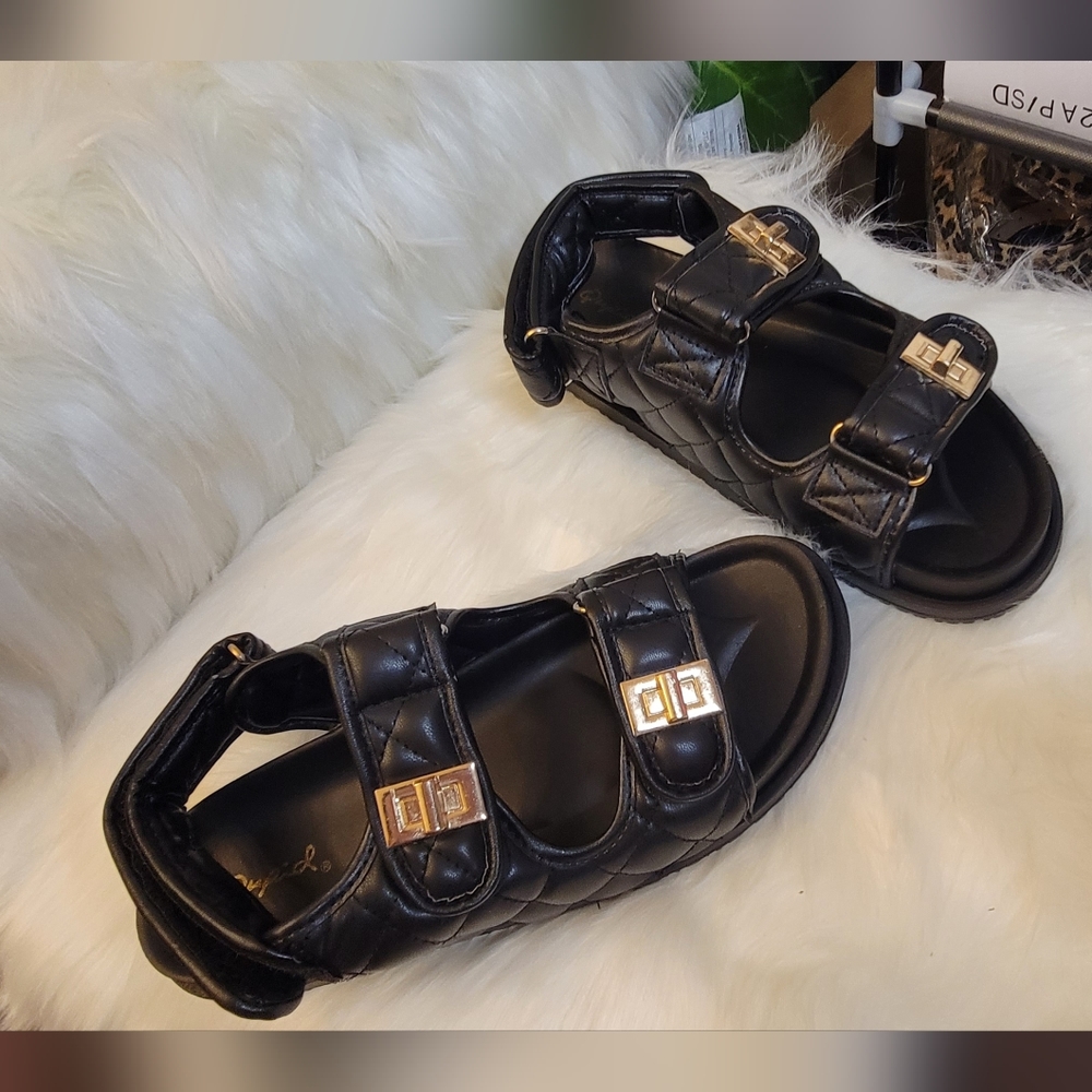 Black, vegan leather with gold snaps, velcro strap "Dad" sandal - Picture 2 of 4
